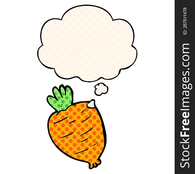 cartoon root vegetable with thought bubble in comic book style