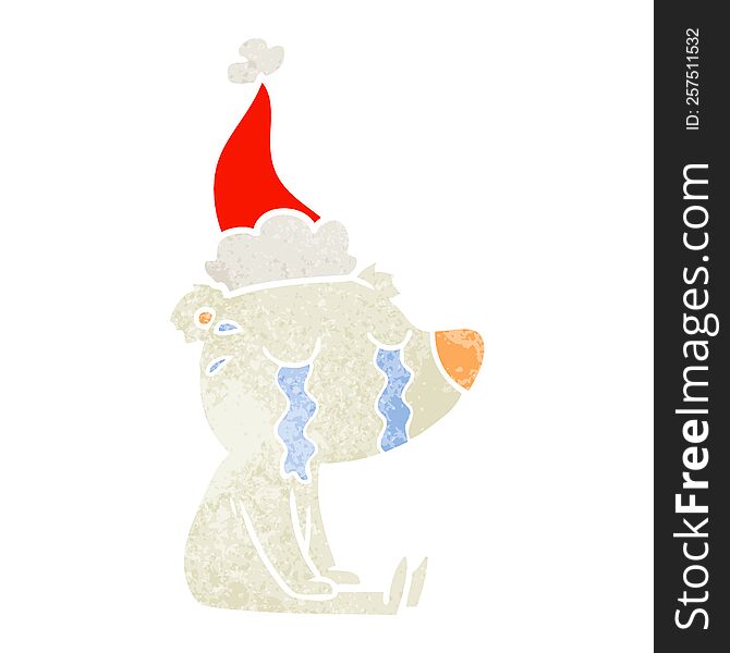 retro cartoon of a crying sitting polar bear wearing santa hat