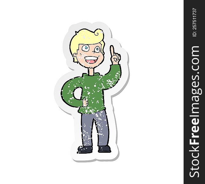 Retro Distressed Sticker Of A Cartoon Boy With Great Idea