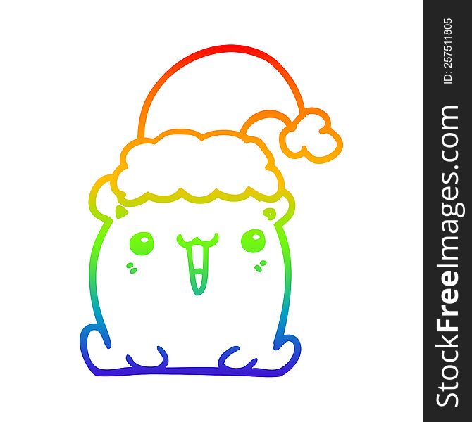 Rainbow Gradient Line Drawing Cute Cartoon Bear With Christmas Hat