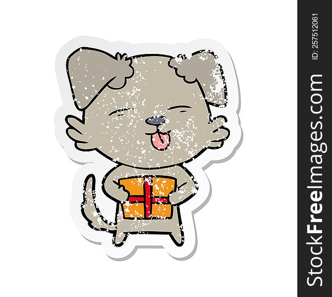 distressed sticker of a cartoon dog with christmas present