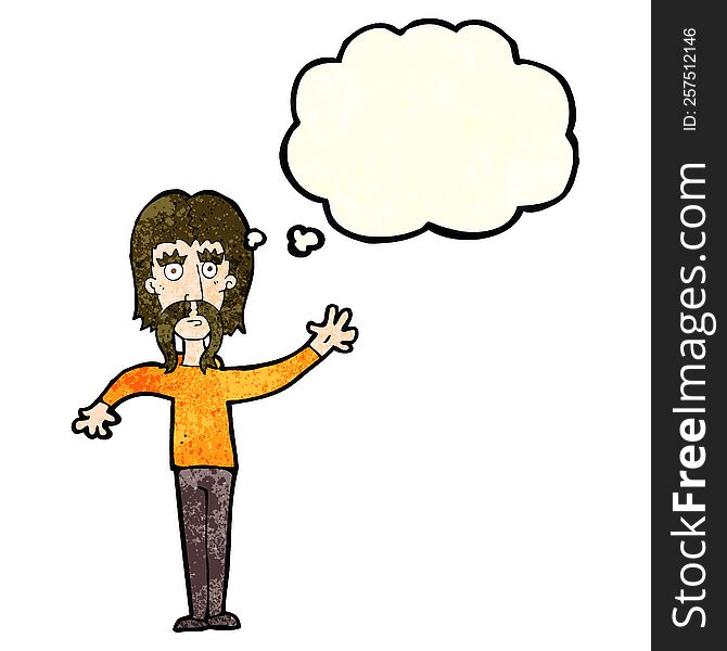 Cartoon Waving Man With Mustache With Thought Bubble
