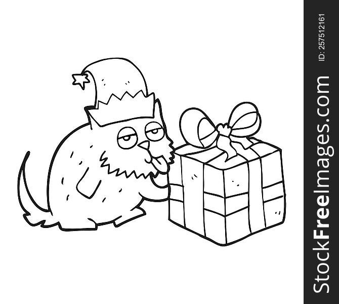 freehand drawn black and white cartoon cat with present