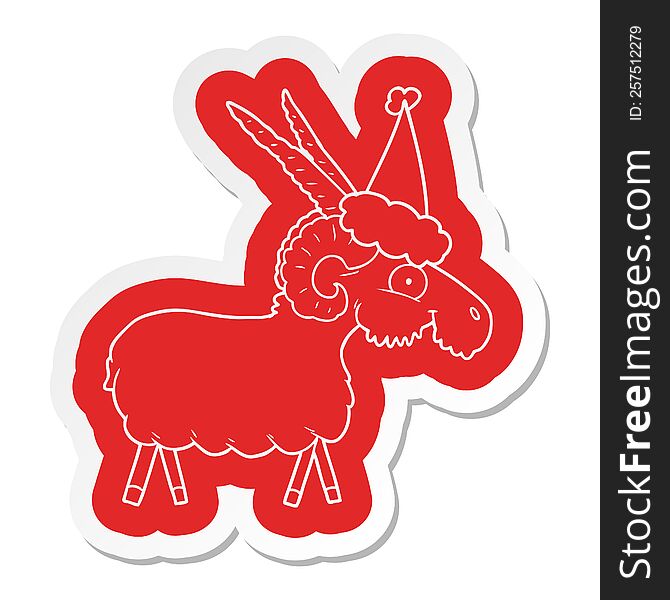 quirky cartoon  sticker of a goat wearing santa hat