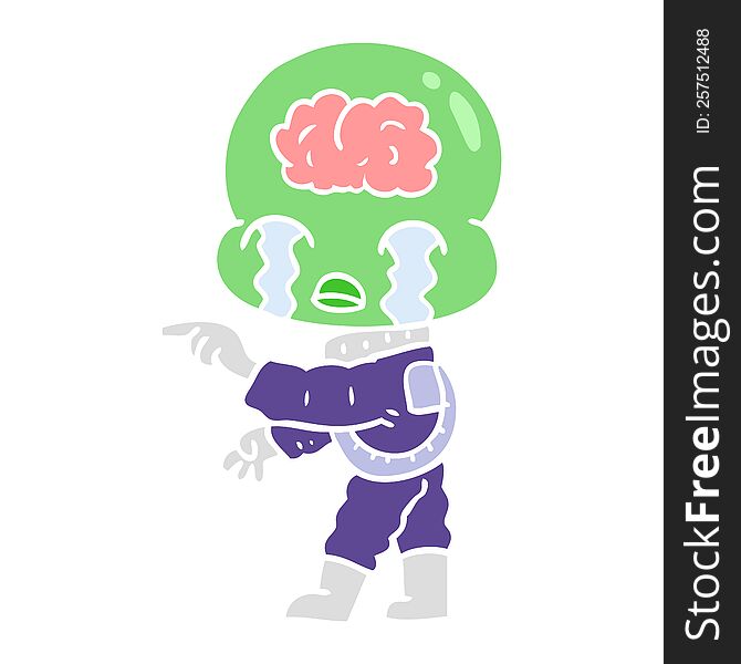 Flat Color Style Cartoon Big Brain Alien Crying And Pointing