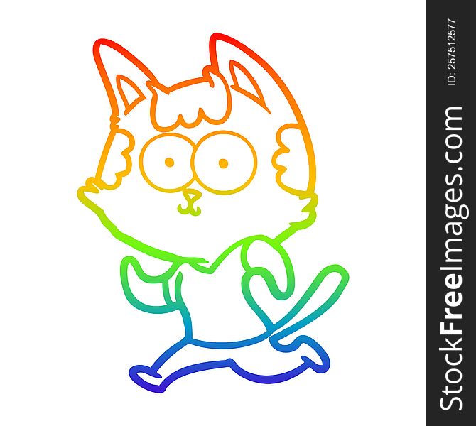 rainbow gradient line drawing of a happy cartoon cat jogging