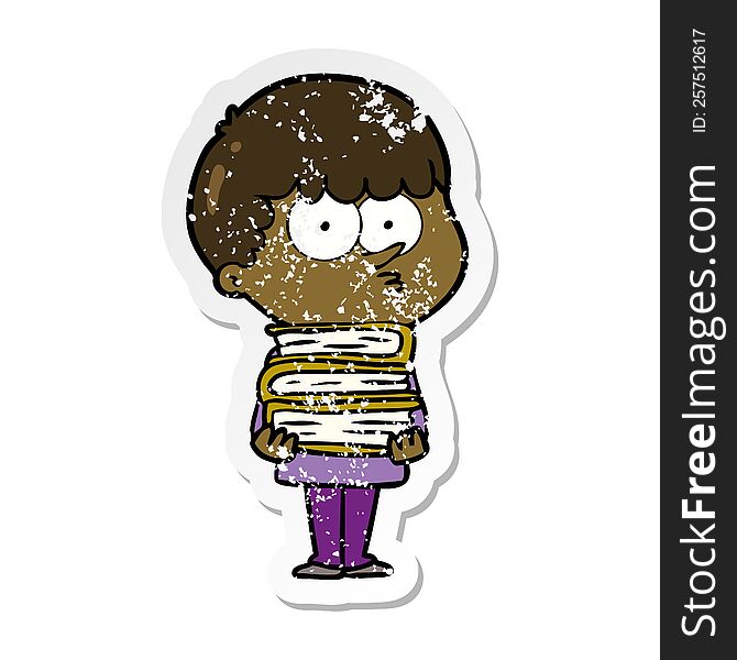 Distressed Sticker Of A Cartoon Curious Boy With Lots Of Books