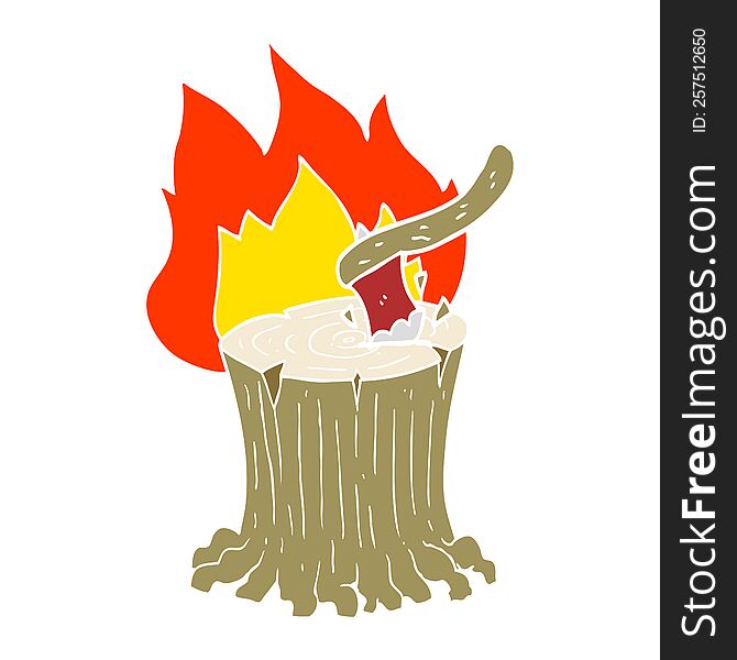 flat color illustration of axe in flaming tree stump. flat color illustration of axe in flaming tree stump