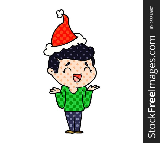hand drawn comic book style illustration of a laughing confused man wearing santa hat