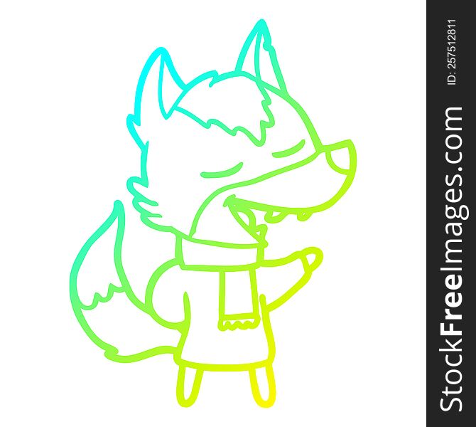 cold gradient line drawing of a cartoon wolf in scarf laughing