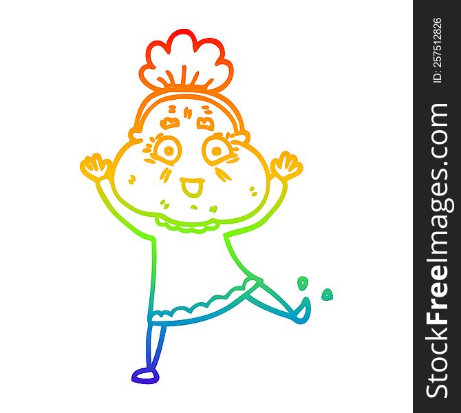 Rainbow Gradient Line Drawing Cartoon Dancing Old Lady