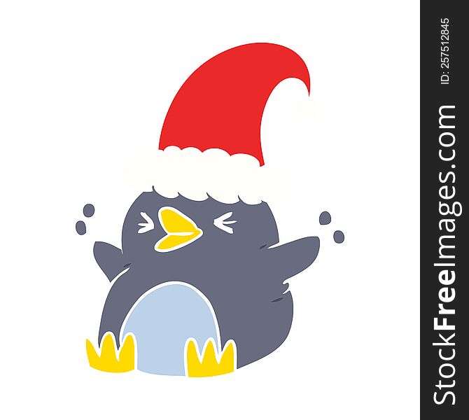Flat Color Style Cartoon Penguin Wearing Christmas Hat