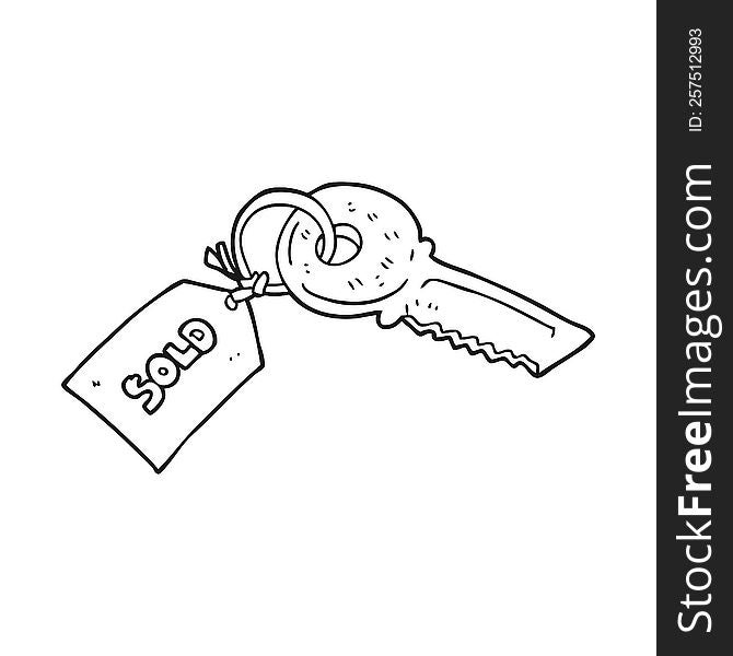 freehand drawn black and white cartoon key with sold tag