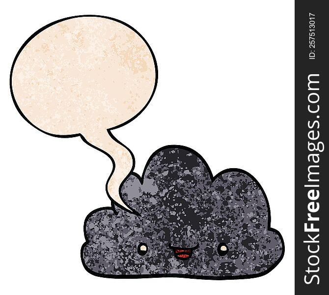 cartoon tiny happy cloud with speech bubble in retro texture style