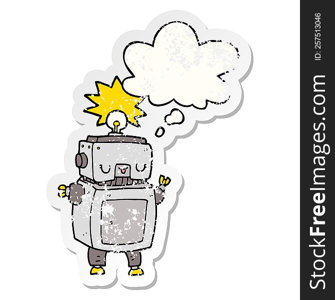 Cartoon Robot And Thought Bubble As A Distressed Worn Sticker