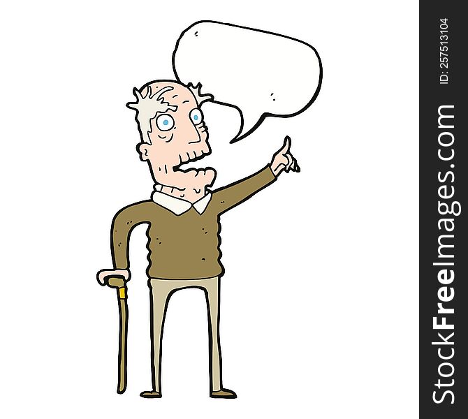 cartoon old man with walking stick with speech bubble