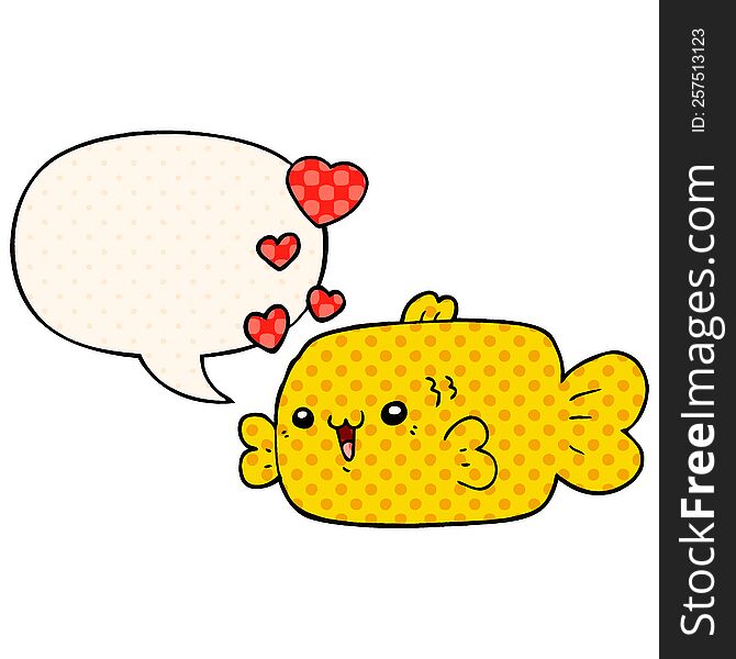 cute cartoon fish with love hearts with speech bubble in comic book style. cute cartoon fish with love hearts with speech bubble in comic book style
