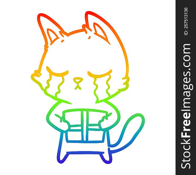 Rainbow Gradient Line Drawing Crying Cartoon Cat Holding Christmas Present