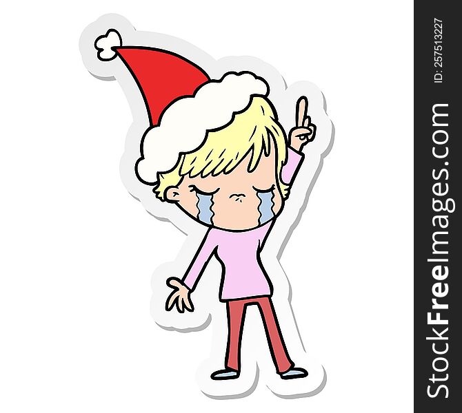 Sticker Cartoon Of A Woman Crying Wearing Santa Hat