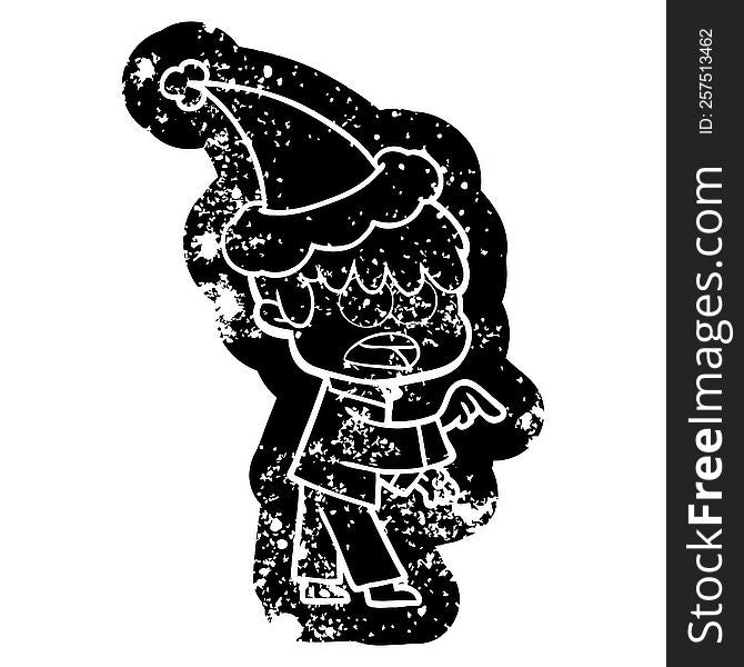 worried quirky cartoon distressed icon of a boy wearing santa hat