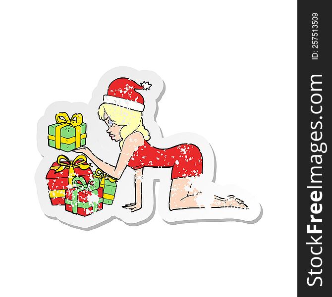 retro distressed sticker of a cartoon woman opening presents