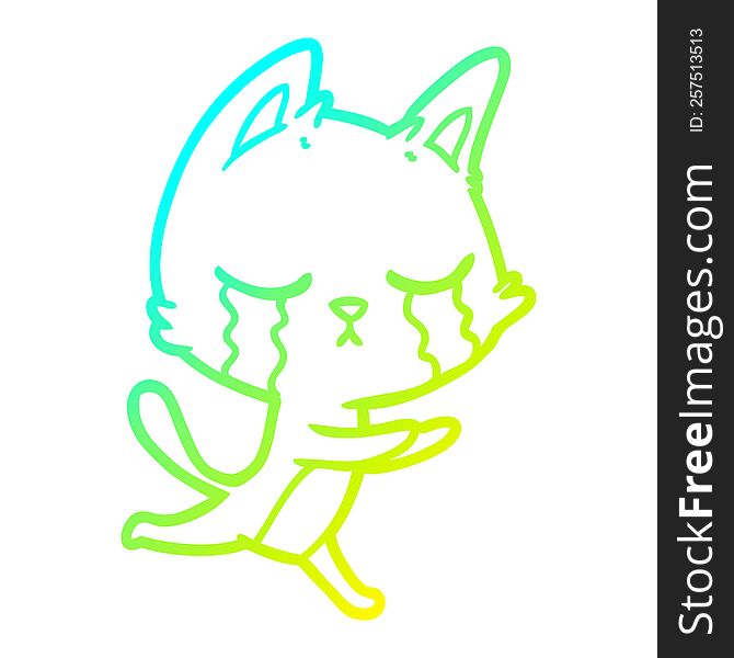 Cold Gradient Line Drawing Crying Cartoon Cat Running