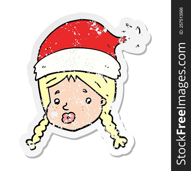 Distressed Sticker Of A Cartoon Girl Wearing Christmas Hat