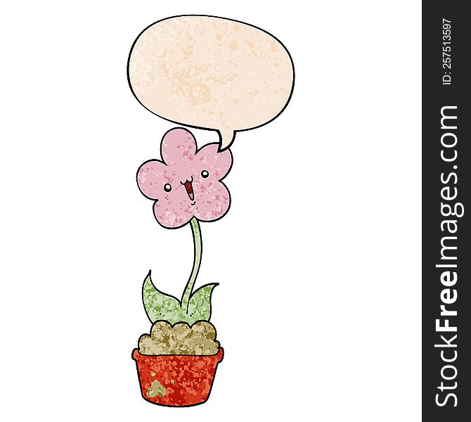 cute cartoon flower with speech bubble in retro texture style