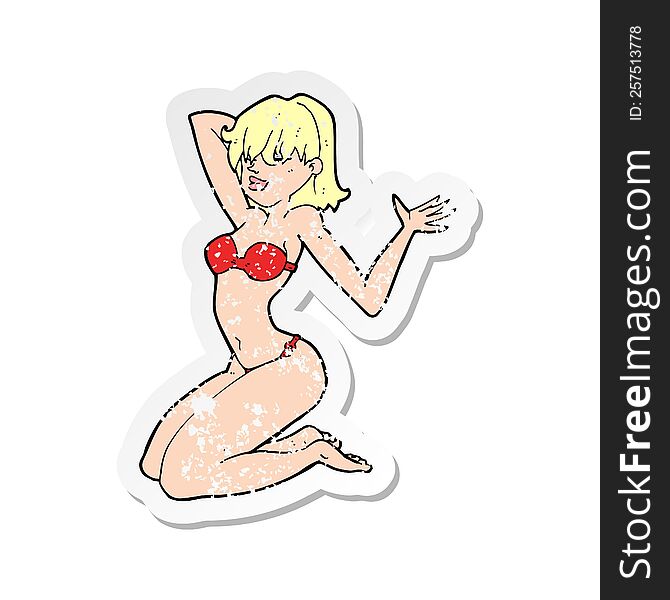 Retro Distressed Sticker Of A Cartoon Sexy Bikini Girl