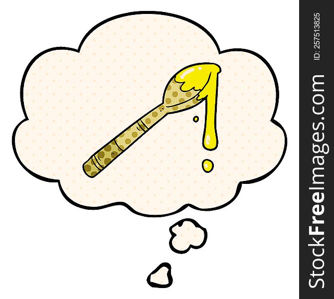 cartoon spoonful of honey with thought bubble in comic book style