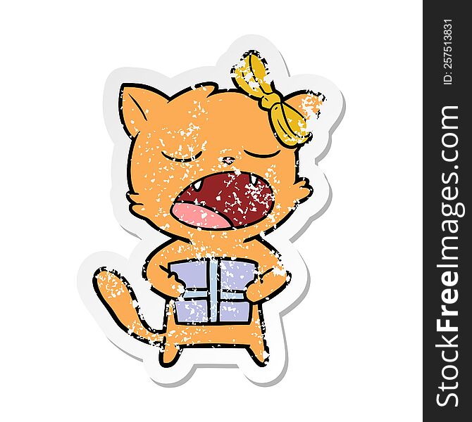 distressed sticker of a cartoon cat with christmas present