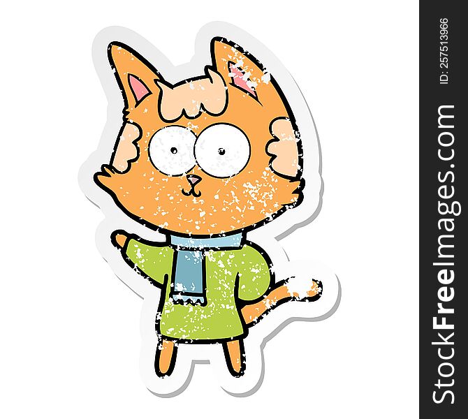 distressed sticker of a happy cartoon cat in winter clothes