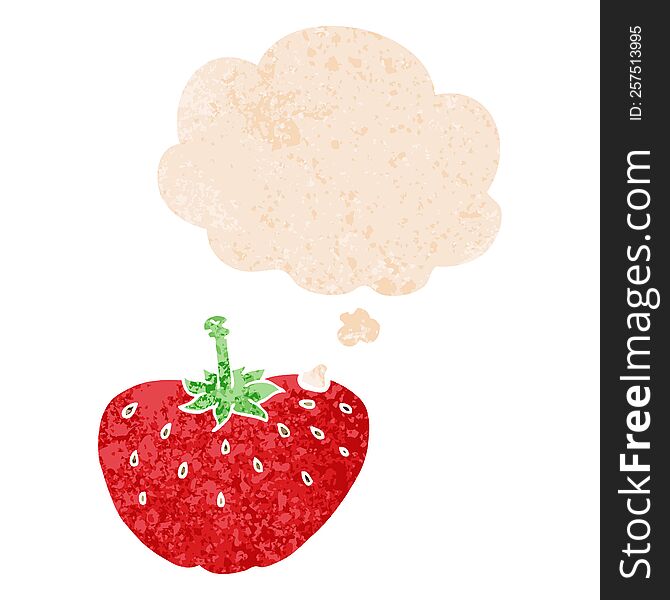 Cartoon Strawberry And Thought Bubble In Retro Textured Style