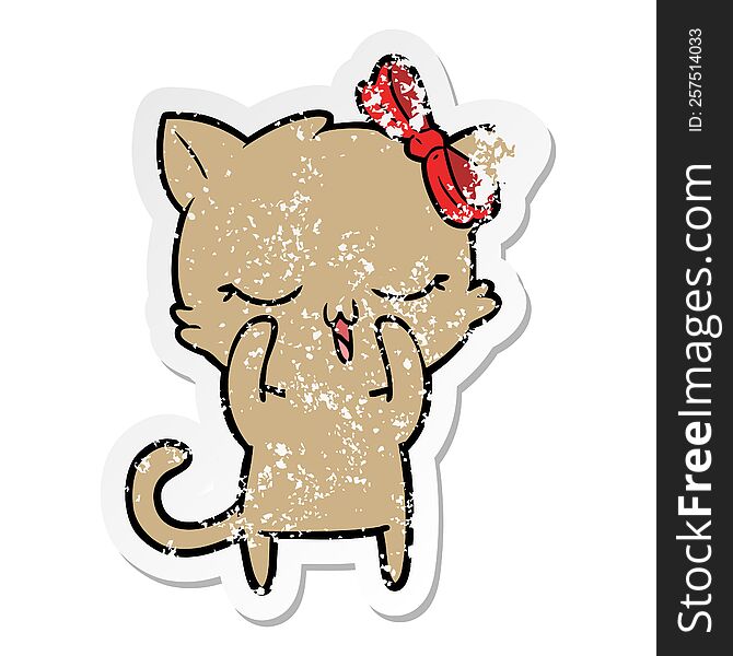 distressed sticker of a cartoon cat with bow on head