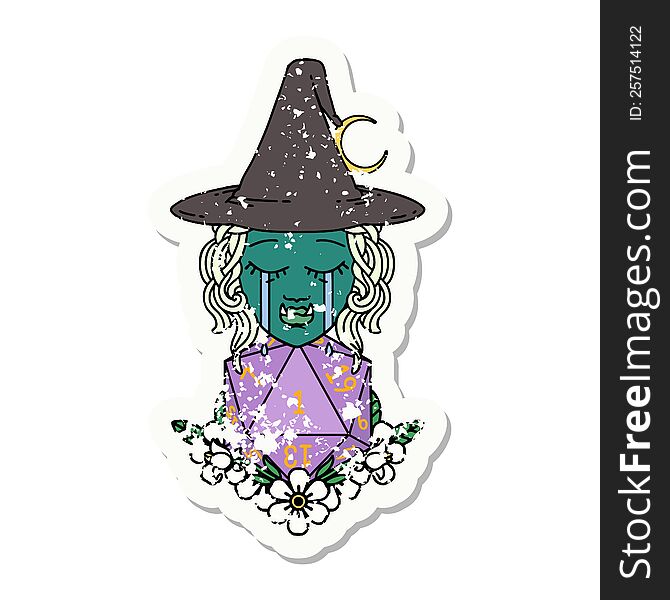 Crying Half Orc Witch With Natural One D20 Dice Roll Illustration