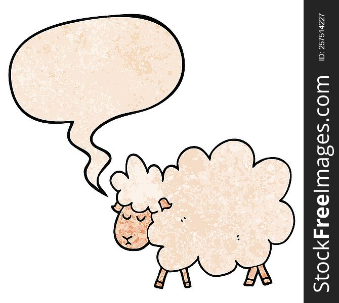 cartoon sheep with speech bubble in retro texture style