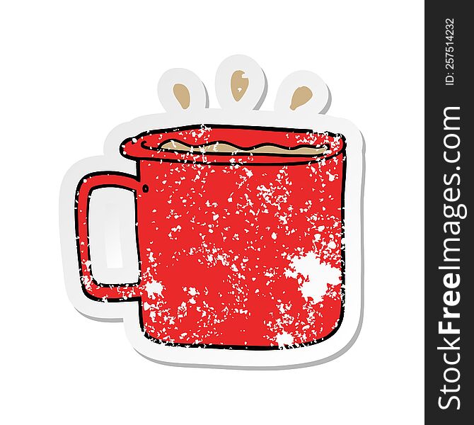 distressed sticker of a cartoon camping cup of coffee