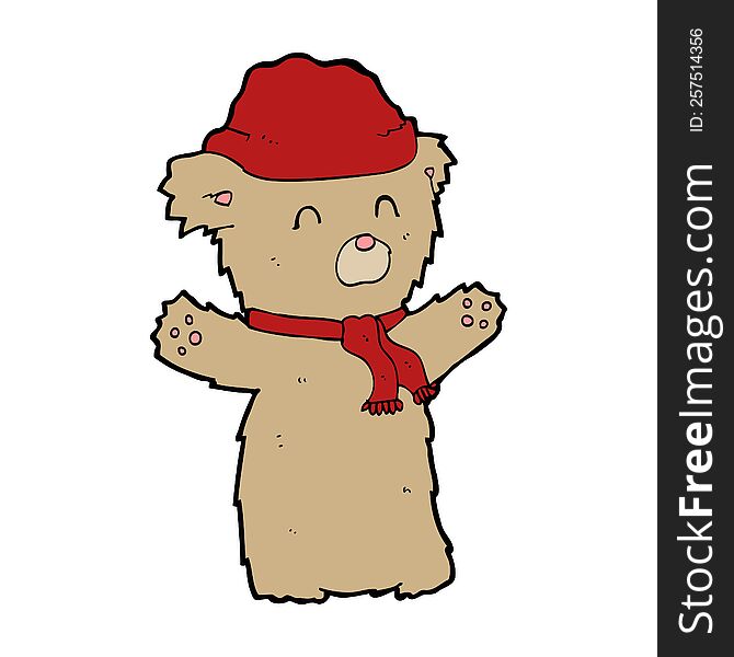 cartooon teddy bear in hat and scarf