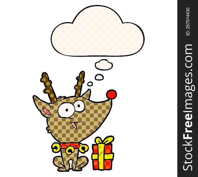 Cartoon Christmas Reindeer And Thought Bubble In Comic Book Style