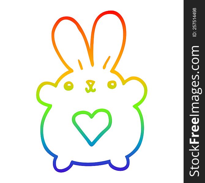 rainbow gradient line drawing of a cute cartoon rabbit with love heart