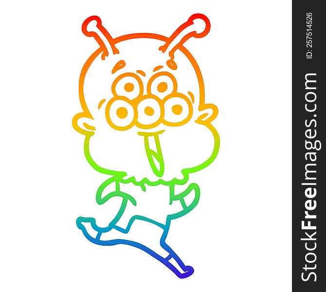 Rainbow Gradient Line Drawing Happy Cartoon Alien Running