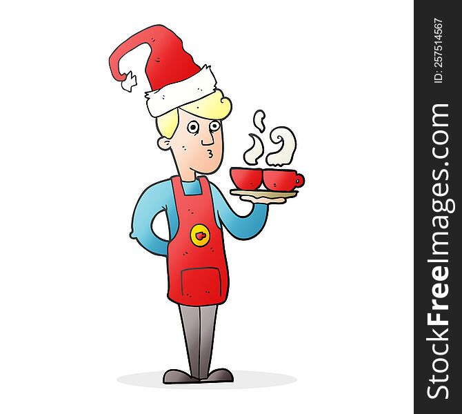 Cartoon Barista Serving Coffee At Christmas