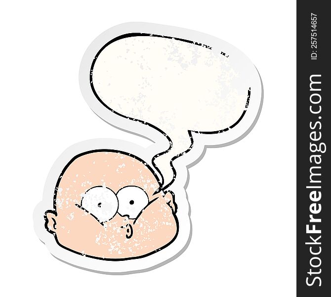 Cartoon Curious Bald Man And Speech Bubble Distressed Sticker