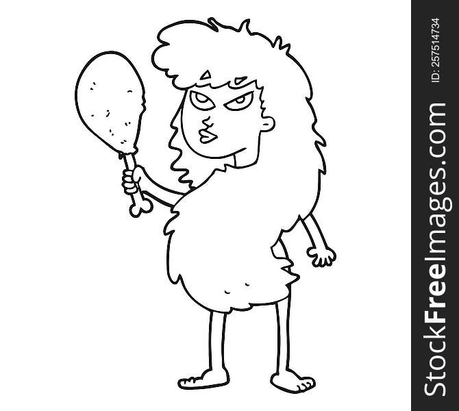 Black And White Cartoon Cavewoman With Meat