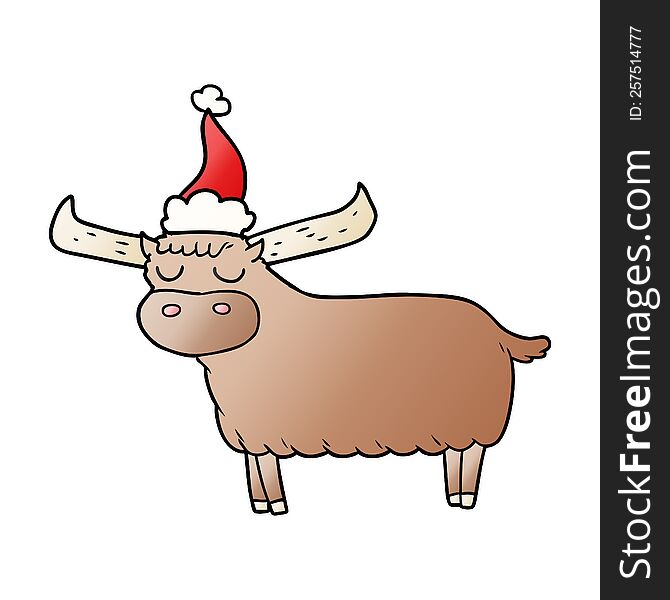 hand drawn gradient cartoon of a bull wearing santa hat