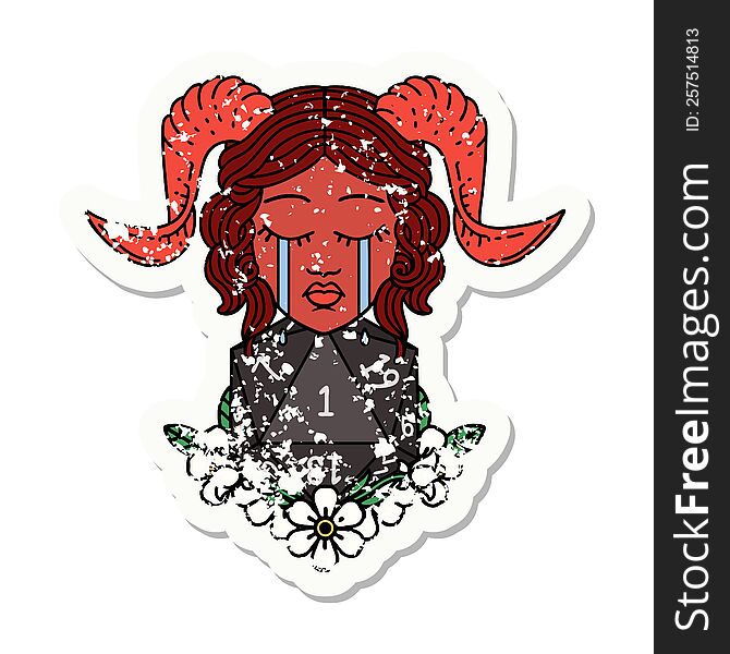Crying Tiefling Character With Natural One D20 Dice Roll Grunge Sticker