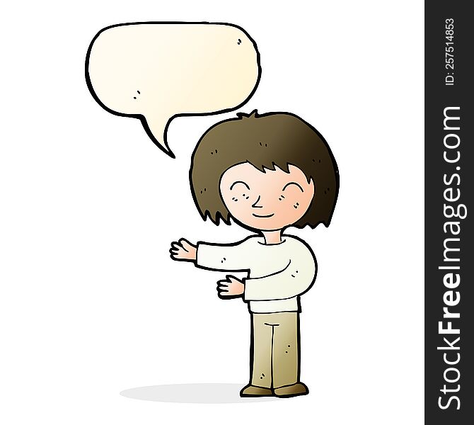 cartoon woman gesturing welcome with speech bubble