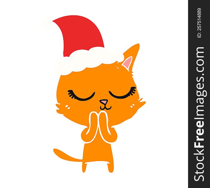 Calm Flat Color Illustration Of A Cat Wearing Santa Hat