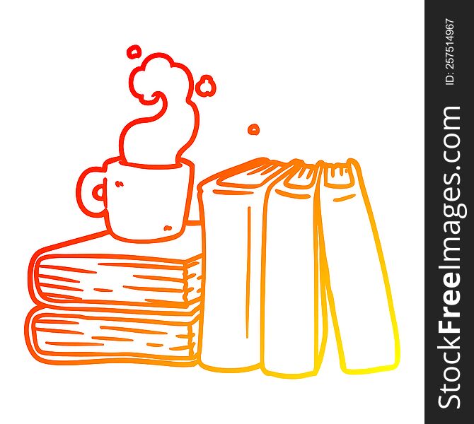 warm gradient line drawing of a cartoon coffee cup and study books