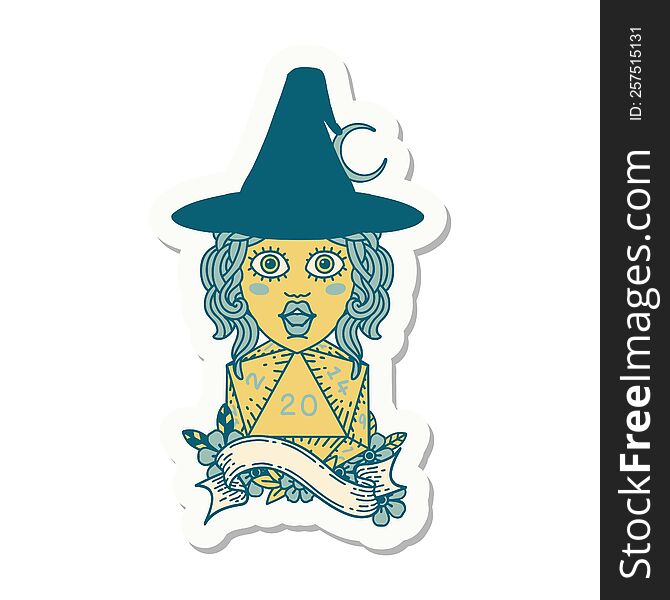 sticker of a human mage with natural 20 D20 dice roll. sticker of a human mage with natural 20 D20 dice roll